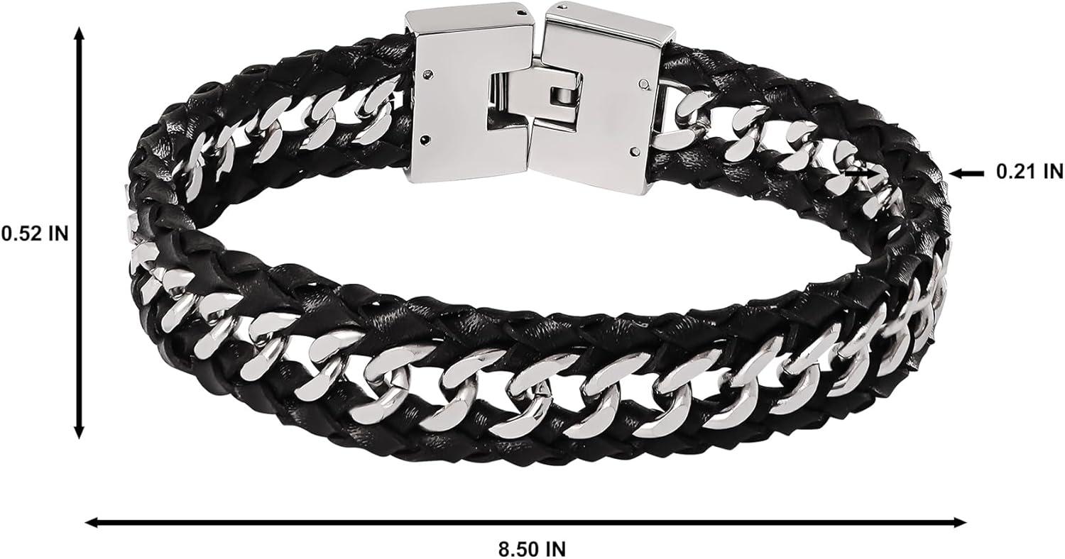 image:imageLucky Brand Mens Stainless Steel Bracelet 85 Stainless Steel amp Black Leather Link Bracelet