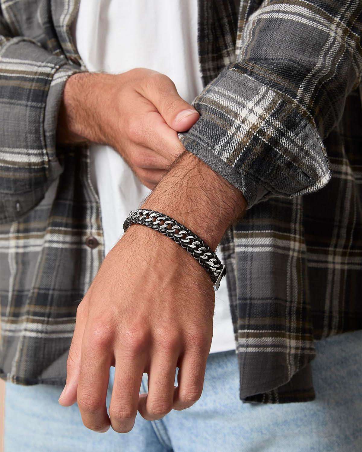 image:imageLucky Brand Mens Stainless Steel Bracelet 85 Stainless Steel amp Black Leather Link Bracelet