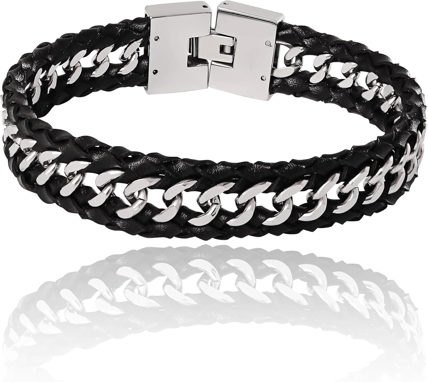 image:imageLucky Brand Mens Stainless Steel Bracelet 85 Stainless Steel amp Black Leather Link Bracelet