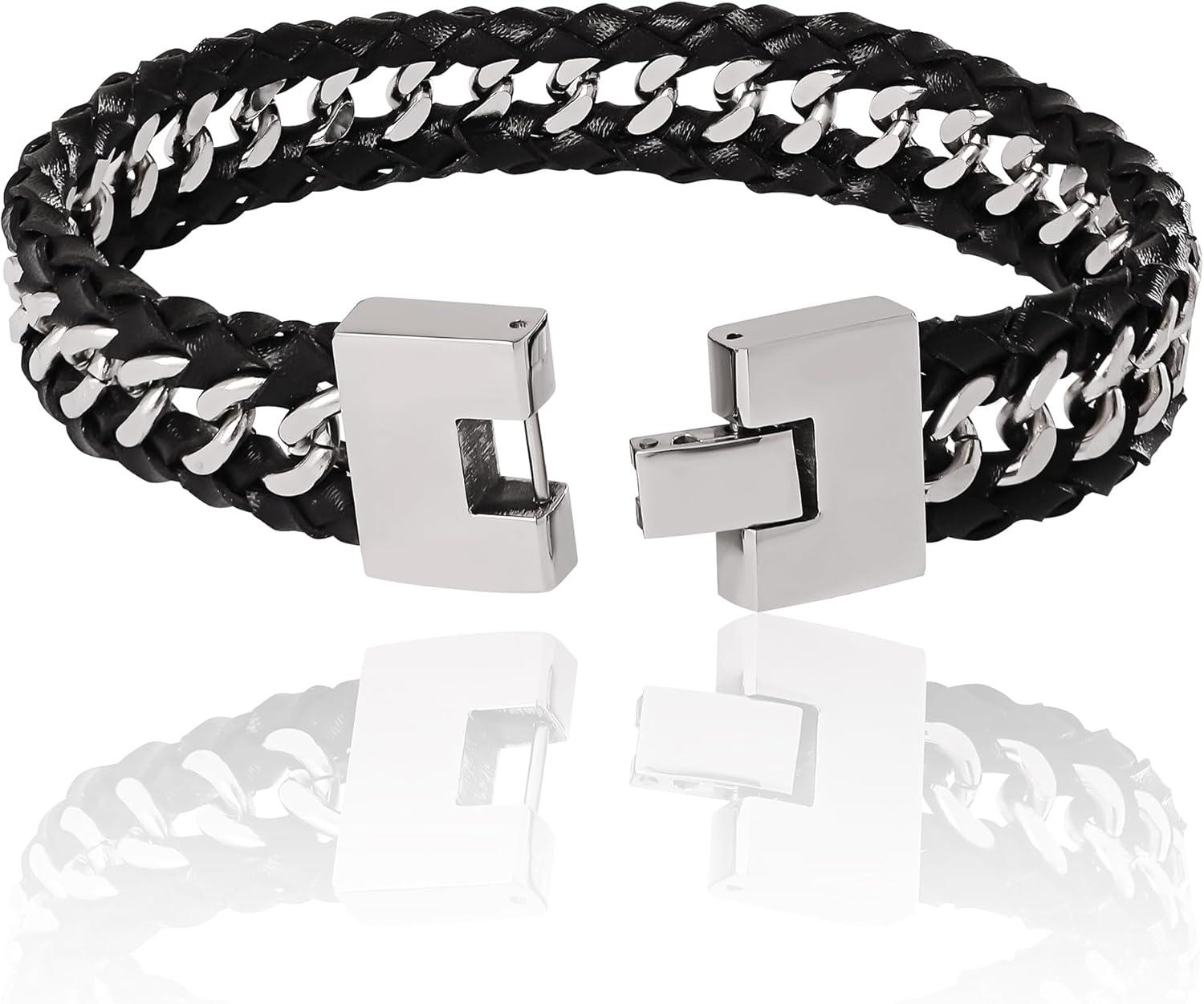 image:imageLucky Brand Mens Stainless Steel Bracelet 85 Stainless Steel amp Black Leather Link Bracelet
