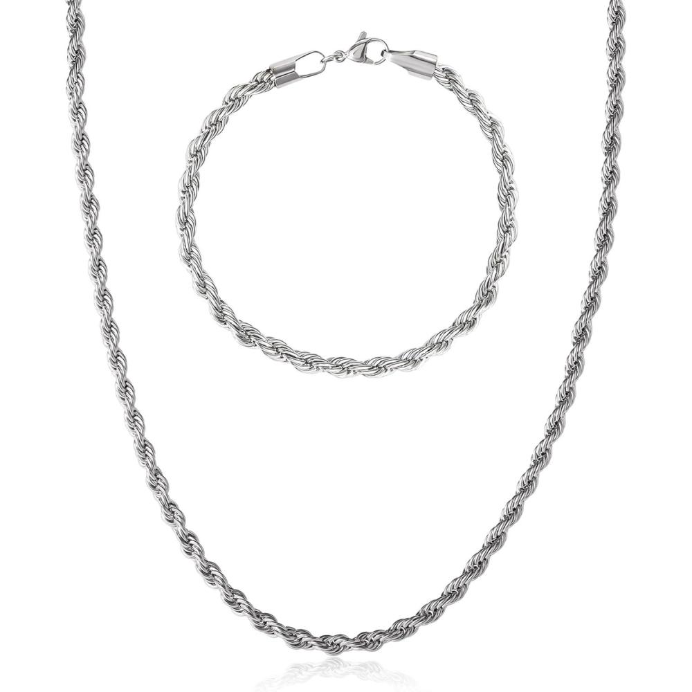 image:imageLucky Brand Mens Rope Chain and Bracelet Set Stainless Steel 22 Necklace and Bracelet Set