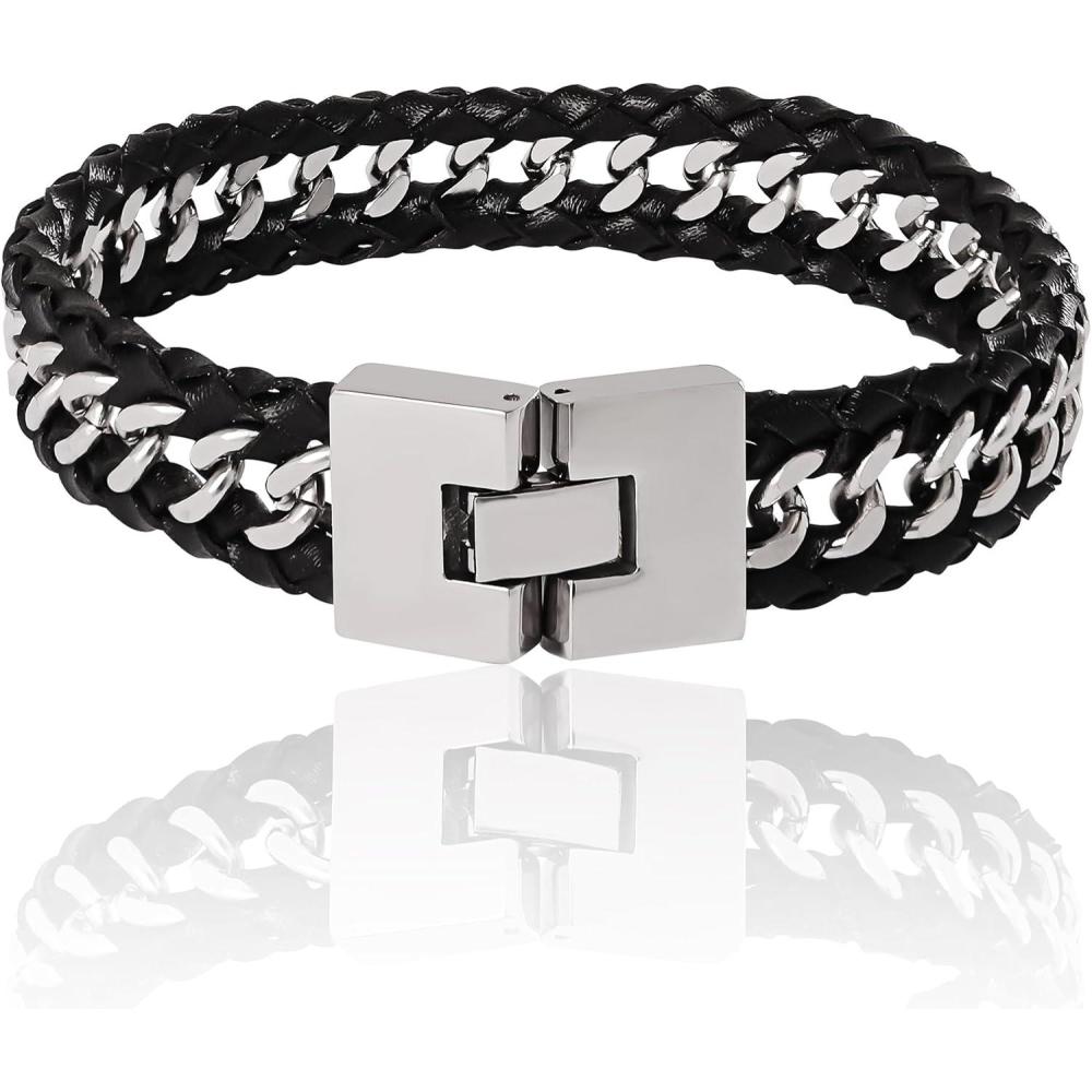 image:imageLucky Brand Mens Stainless Steel Bracelet 85 Stainless Steel amp Black Leather Link Bracelet
