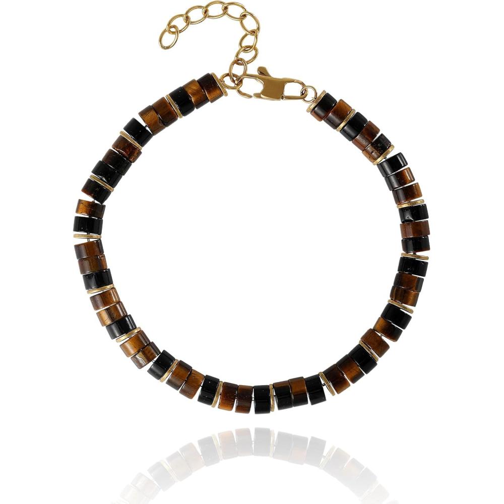 image:imageLucky Brand Tigers Eye and Black Agate Bead Bracelet for Men Stainless Steel 8515 Beaded Bracelet