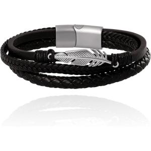 Lucky Brand 3-Row Black Bracelet for Men 8.5″, Stainless Steel Feather Bracelet