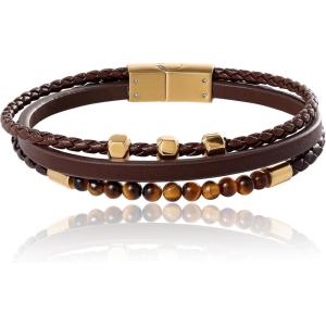 Lucky Brand 3-Row Brown Bracelet for Men 8.5″, Gold-Tone Stainless Steel Braided Bracelet with Beads