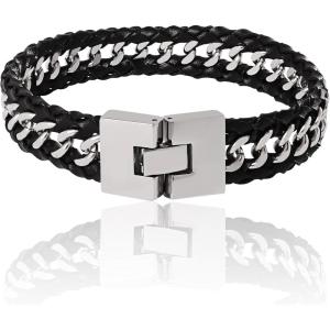 Lucky Brand Mens Stainless Steel Bracelet 8.5″, Stainless Steel & Black Leather Link Bracelet