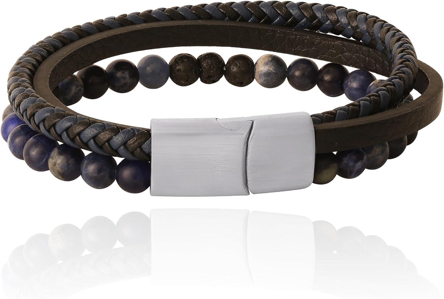 image:imageLucky Brand 3Row Blue Bracelet for Men 85 Stainless Steel Braided and Bead Bracelet