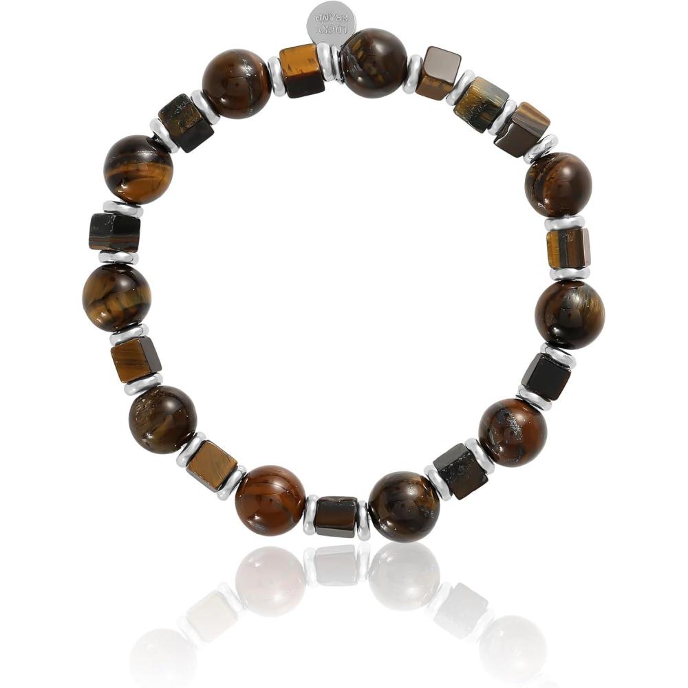 image:imageLucky Brand Tigers Eye Beaded Bracelet for Men Stainless Steel and Bead Stretch Bracelet