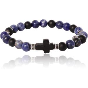 Lucky Brand Black Onyx and Sodalite Beaded Stretch Bracelet for Men with Cross Pendant