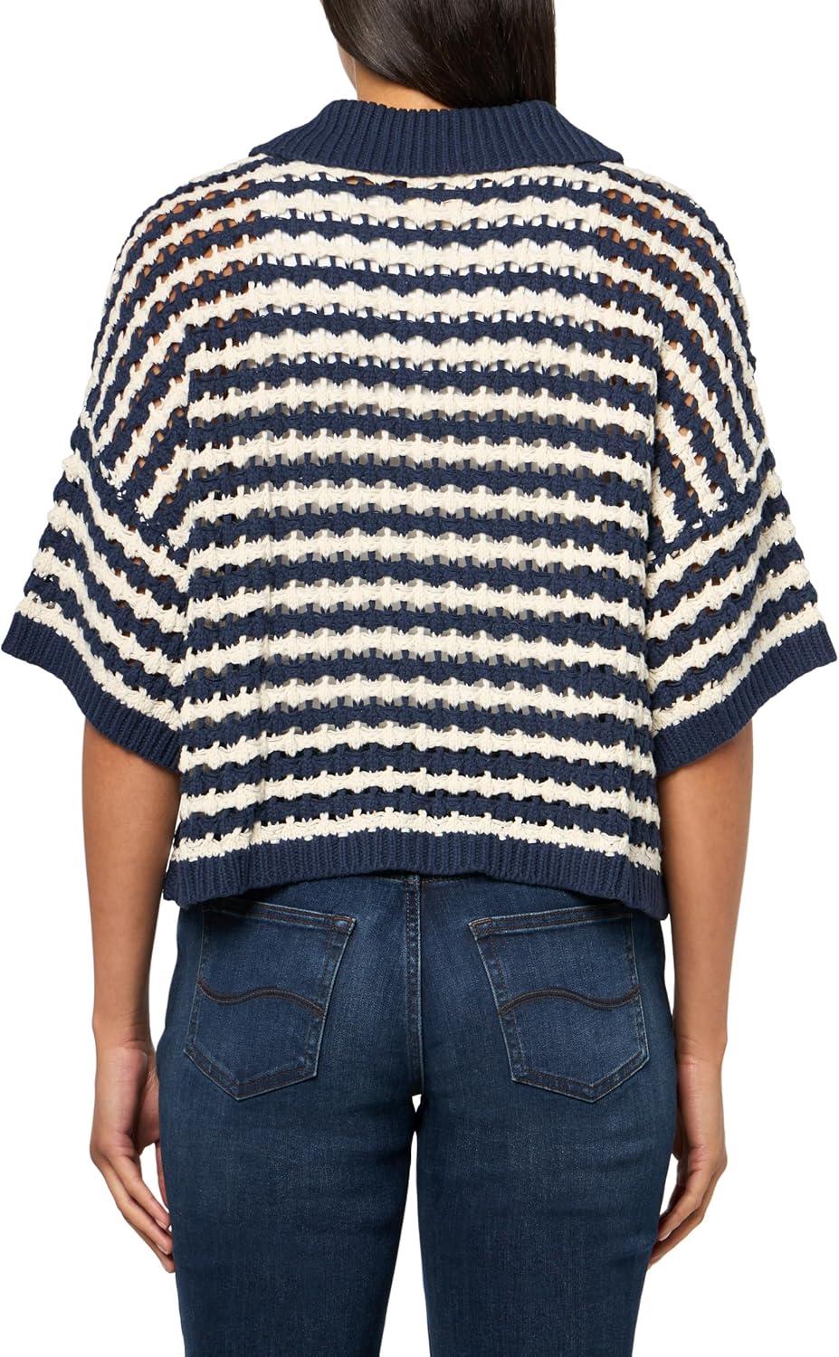 image:imageLucky Brand Womens Short Sleeve Pointelle Polo Button DownCadet Navy Multi Stripe