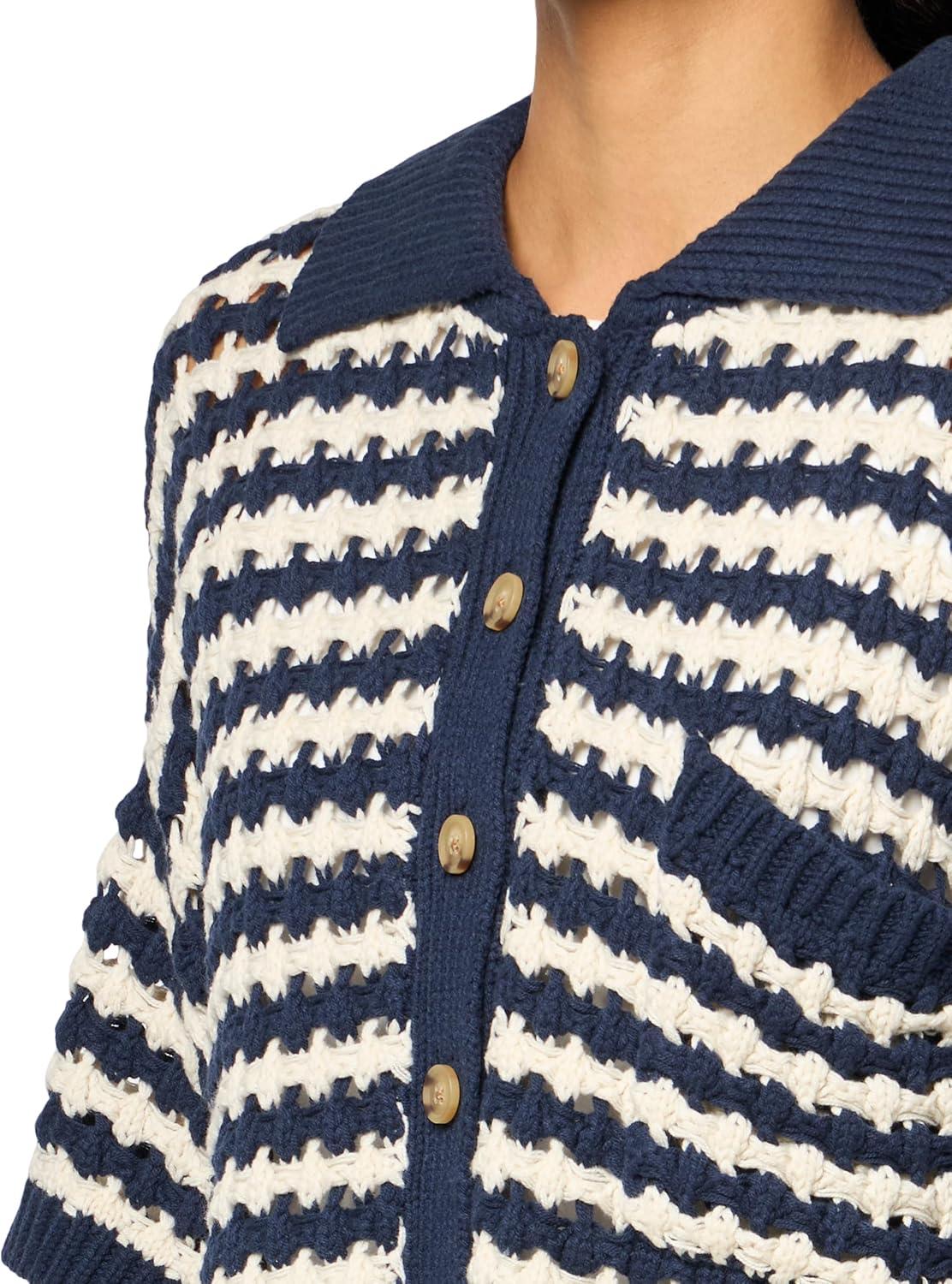 image:imageLucky Brand Womens Short Sleeve Pointelle Polo Button DownCadet Navy Multi Stripe