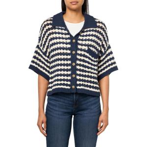 Lucky Brand Women’s Short Sleeve Pointelle Polo Button Down(Cadet Navy Multi Stripe)