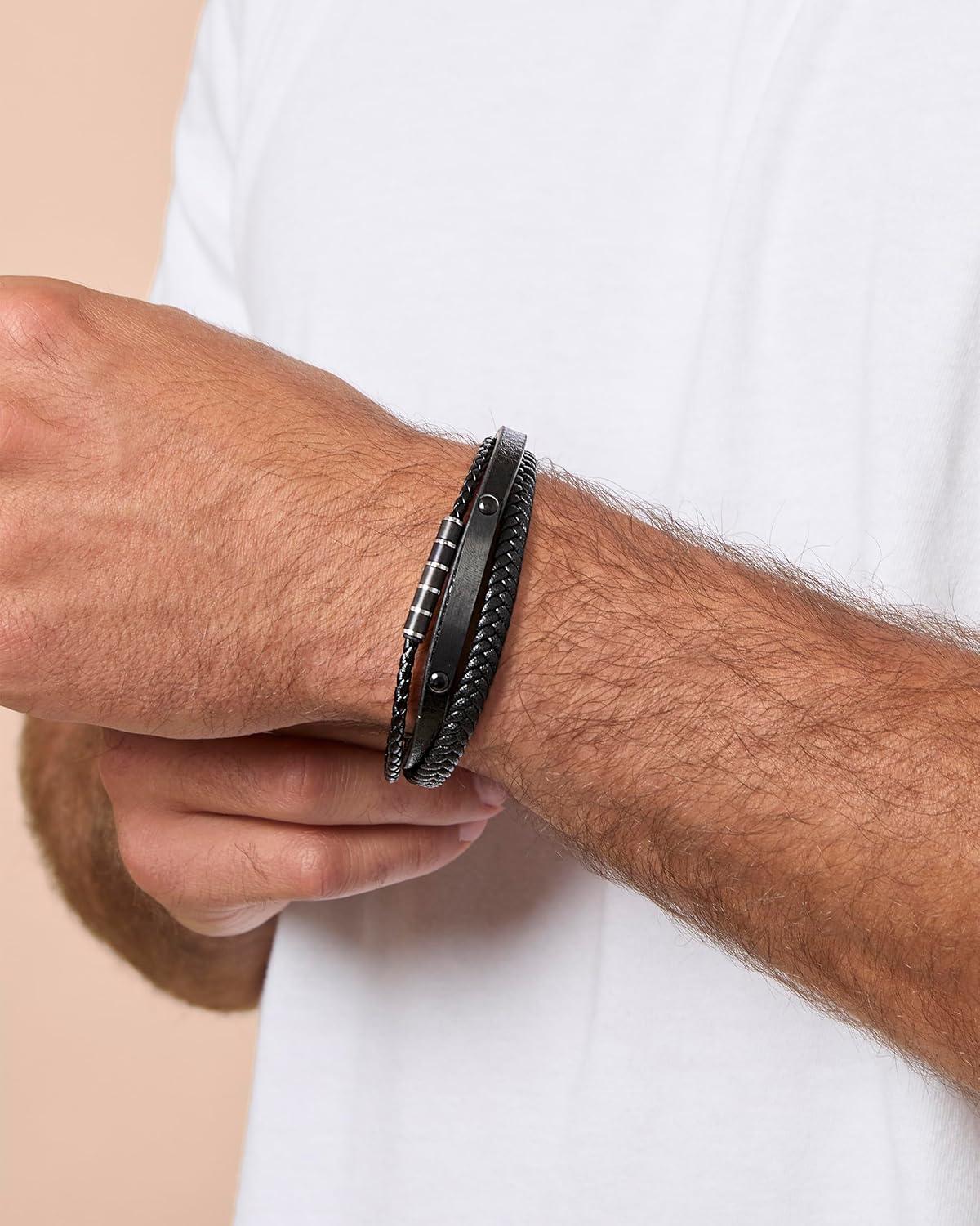 image:imageLucky Brand Mens 3Row Black Cord Bracelet 85 IP BlackPlated 316L Stainless Steel
