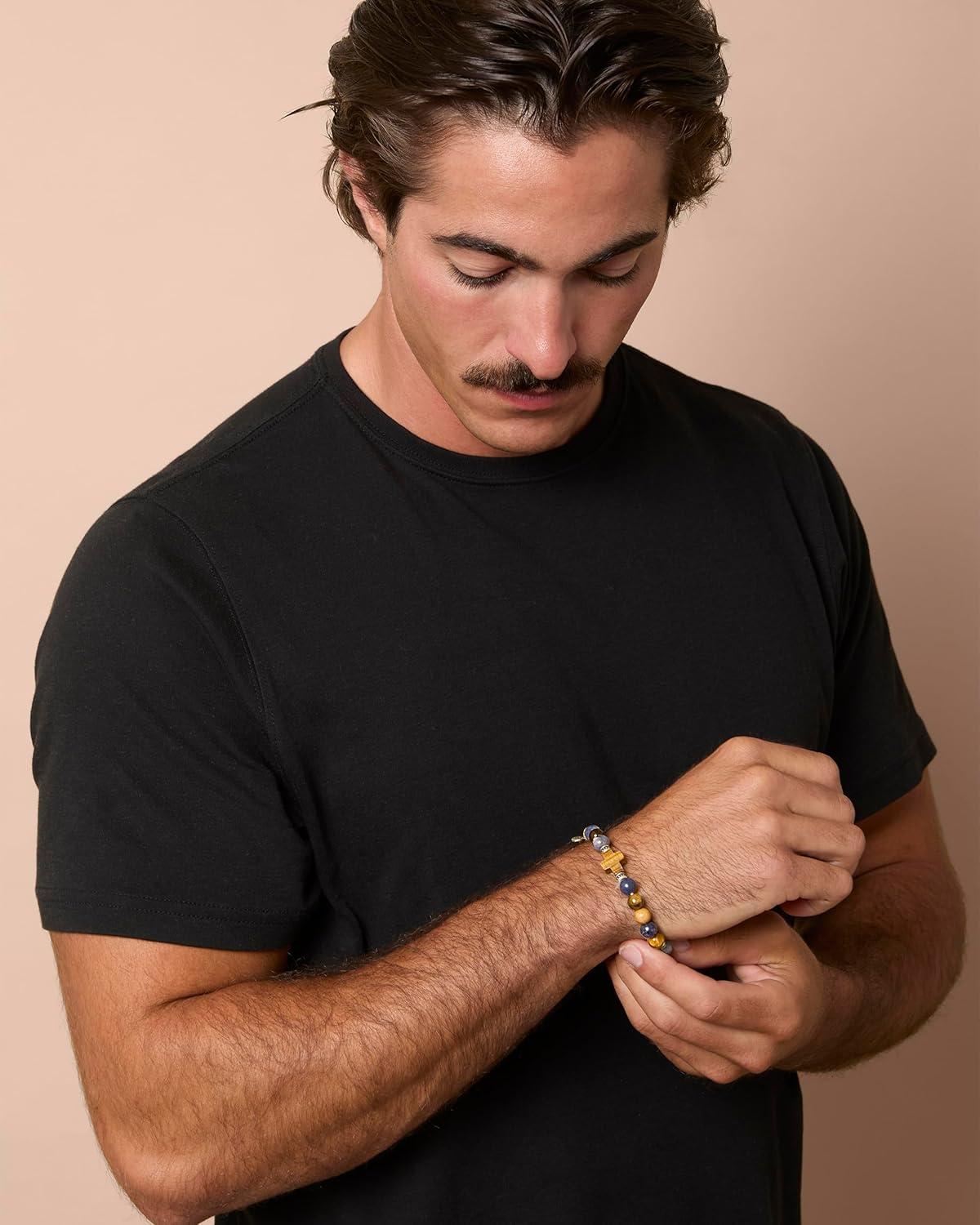 image:imageLucky Brand Tigers Eye Jasper and Sodalite Bead Stretch Bracelet for Men with Cross Pendant