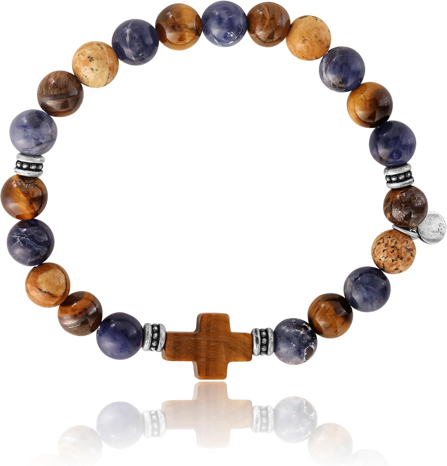 image:imageLucky Brand Tigers Eye Jasper and Sodalite Bead Stretch Bracelet for Men with Cross Pendant