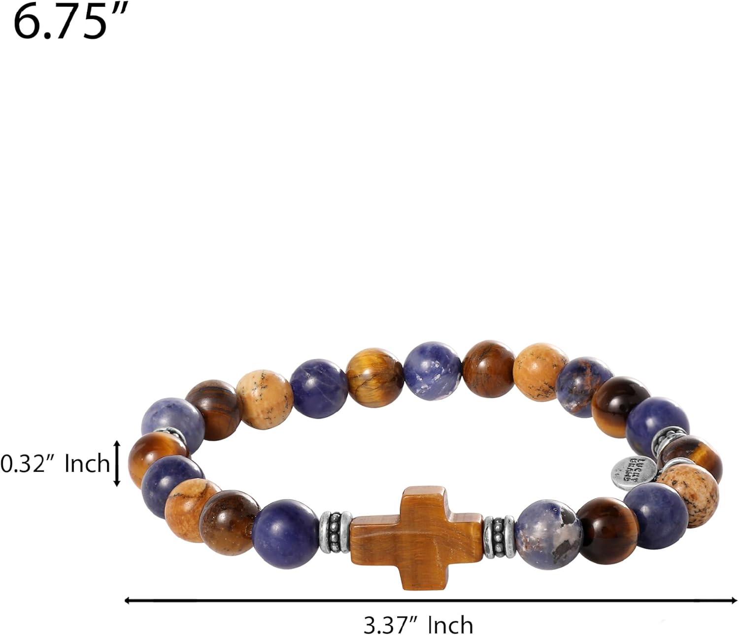 image:imageLucky Brand Tigers Eye Jasper and Sodalite Bead Stretch Bracelet for Men with Cross Pendant