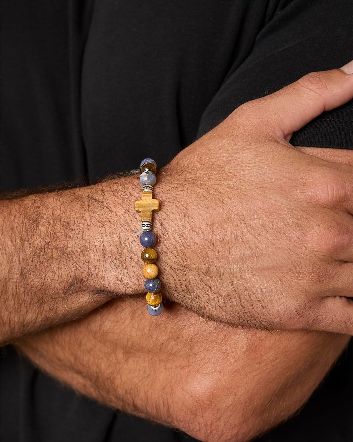image:imageLucky Brand Tigers Eye Jasper and Sodalite Bead Stretch Bracelet for Men with Cross Pendant