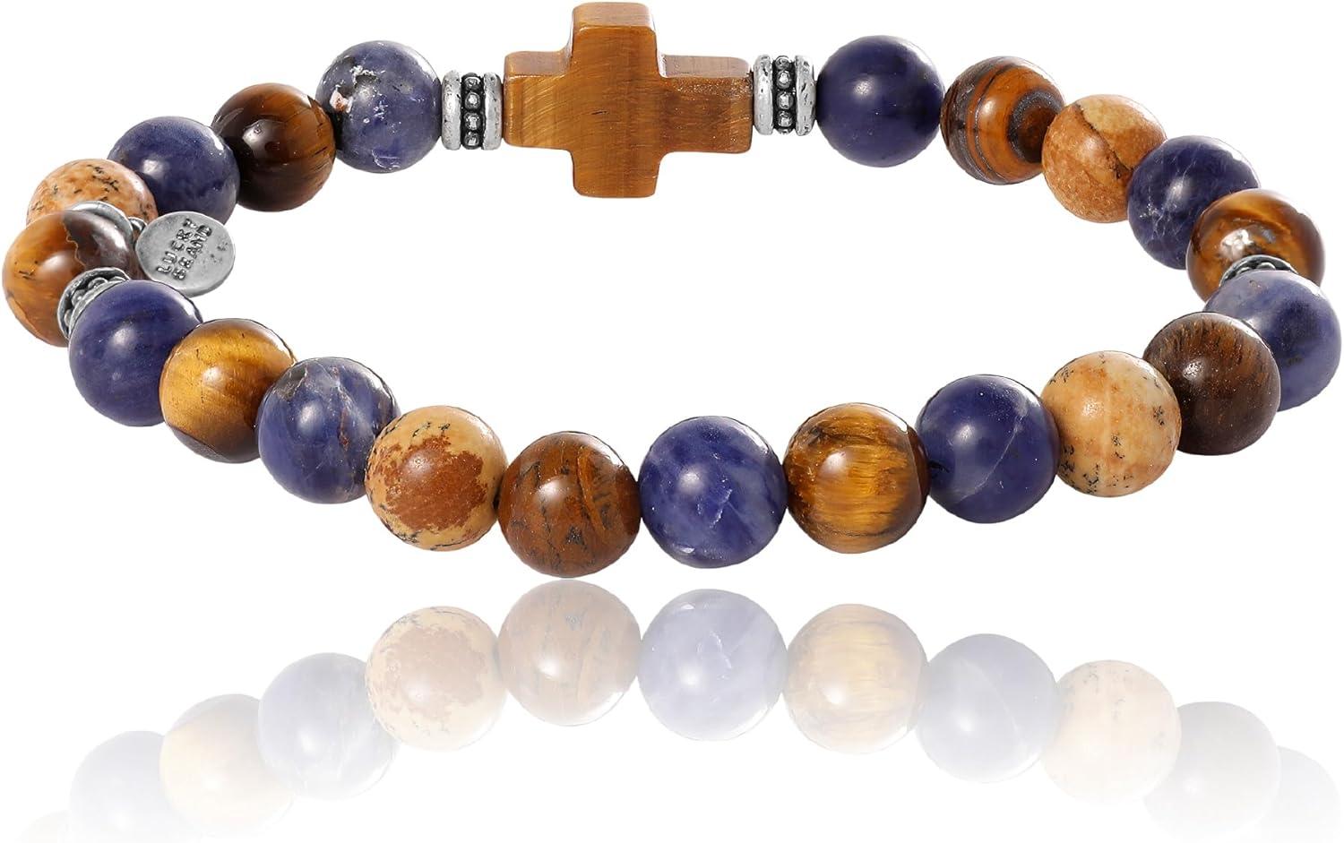 image:imageLucky Brand Tigers Eye Jasper and Sodalite Bead Stretch Bracelet for Men with Cross Pendant