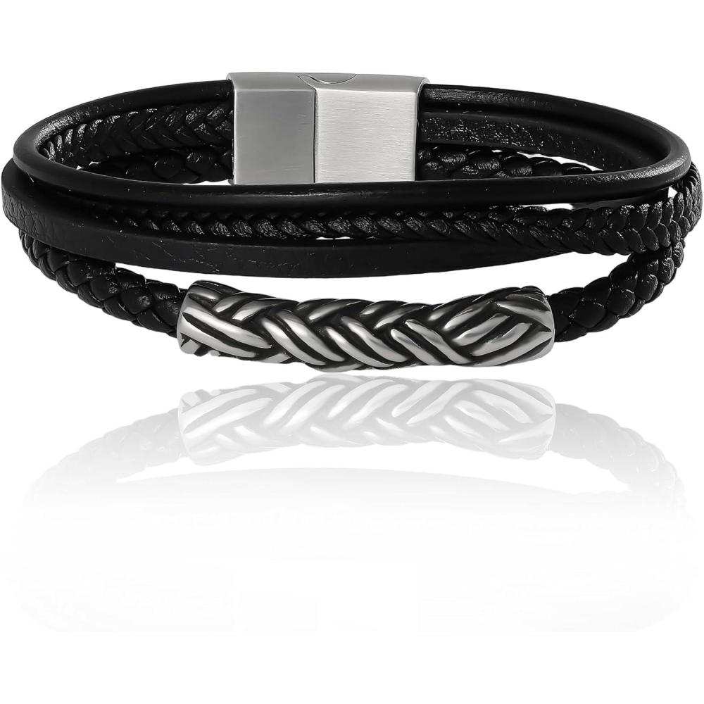 image:imageLucky Brand 4Row Faux Leather Black Bracelet for Men 8 Stainless Steel Knotted Bracelet