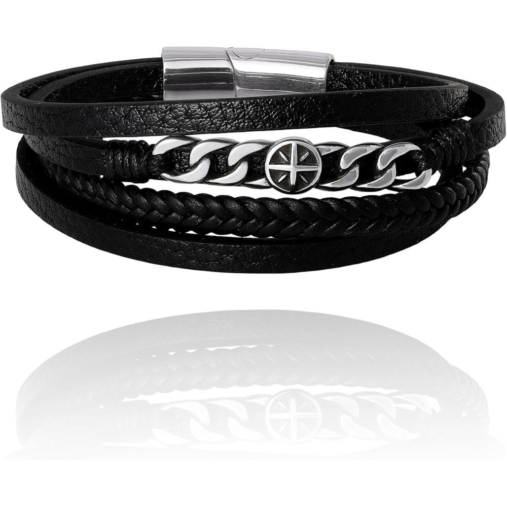 image:imageLucky Brand 4Row Faux Leather Black Bracelet for Men 825 Stainless Steel Pendant Bracelet