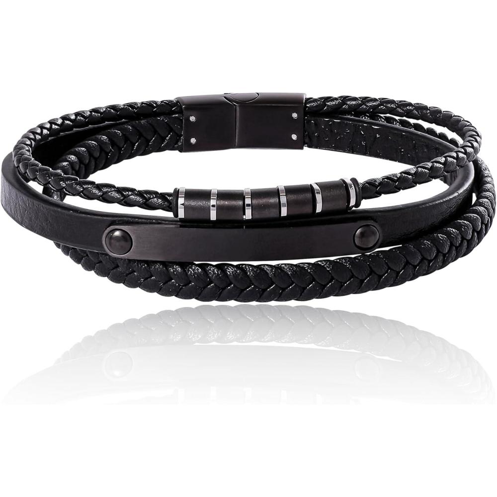 image:imageLucky Brand Mens 3Row Black Cord Bracelet 85 IP BlackPlated 316L Stainless Steel