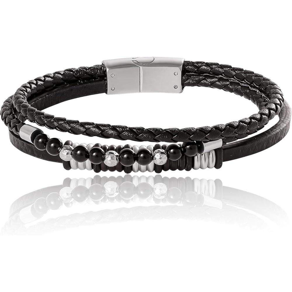 image:imageLucky Brand Mens 3Row Black Leather Bracelet with Beads 825 Stainless Steel Corded Bracelet for Men