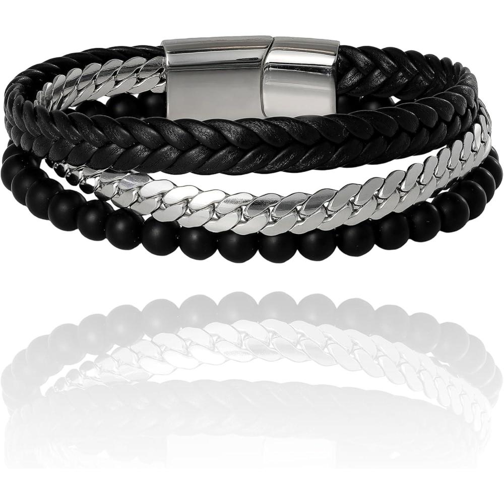 image:imageLucky Brand Mens Stainless Steel Chain Black Band and Black Bead Bracelet 85 3Row Bracelet for Men