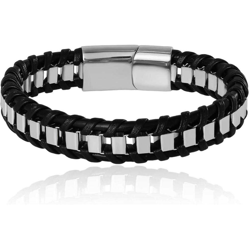 image:imageLucky Brand Mens Stainless Steel and Black Bracelet 85 Silver Chain Bracelet for Men