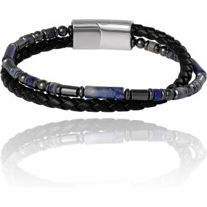 Lucky Brand 2-Row Black Band and Stone Bracelet for Men, 8.5″ Stainless Steel and Braided Bracelet