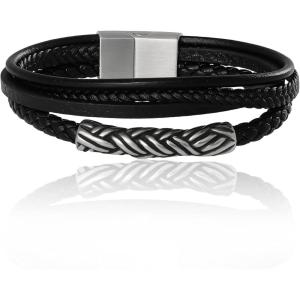 Lucky Brand 4-Row Faux Leather Black Bracelet for Men 8″, Stainless Steel Knotted Bracelet