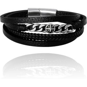 Lucky Brand 4-Row Faux Leather Black Bracelet for Men 8.25″, Stainless Steel Pendant Bracelet