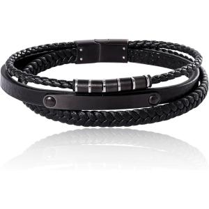 Lucky Brand Mens 3-Row Black Cord Bracelet 8.5″, IP Black-Plated 316L Stainless Steel