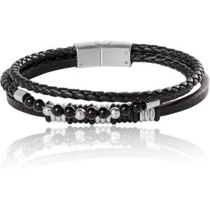 Lucky Brand Mens 3-Row Black Leather Bracelet with Beads, 8.25″ Stainless Steel Corded Bracelet for Men