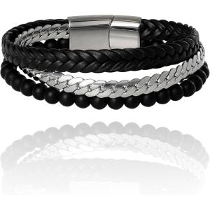 Lucky Brand Mens Stainless Steel Chain, Black Band, and Black Bead Bracelet 8.5″ 3-Row Bracelet for Men