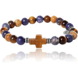 Lucky Brand Tiger’s Eye, Jasper, and Sodalite Bead Stretch Bracelet for Men with Cross Pendant