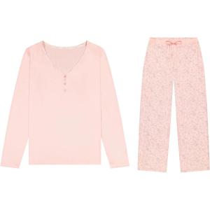 Lucky Brand Women’s Pajama Set – 2 Piece Henley Sleep Shirt and Lounge Pants – Silky Soft Sleepwear for Women(Blooming Rose/Boho Blooms)