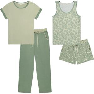 Lucky Brand Women’s Pajama Set – 4 Piece Sleep Shirt, Tank Top, Pajama Pants, Lounge Shorts (S-XL)(Whimsical Fields)