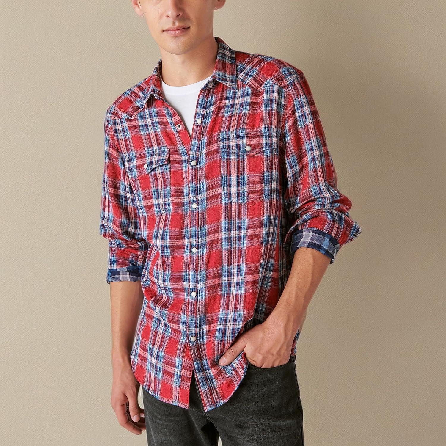 image:imageLucky Brand Mens Lucky Brand Mens Indigo Plaid Western Long Sleeve ShirtRed Plaid