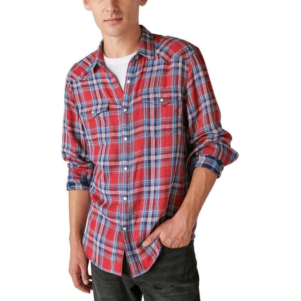 image:imageLucky Brand Mens Lucky Brand Mens Indigo Plaid Western Long Sleeve ShirtRed Plaid