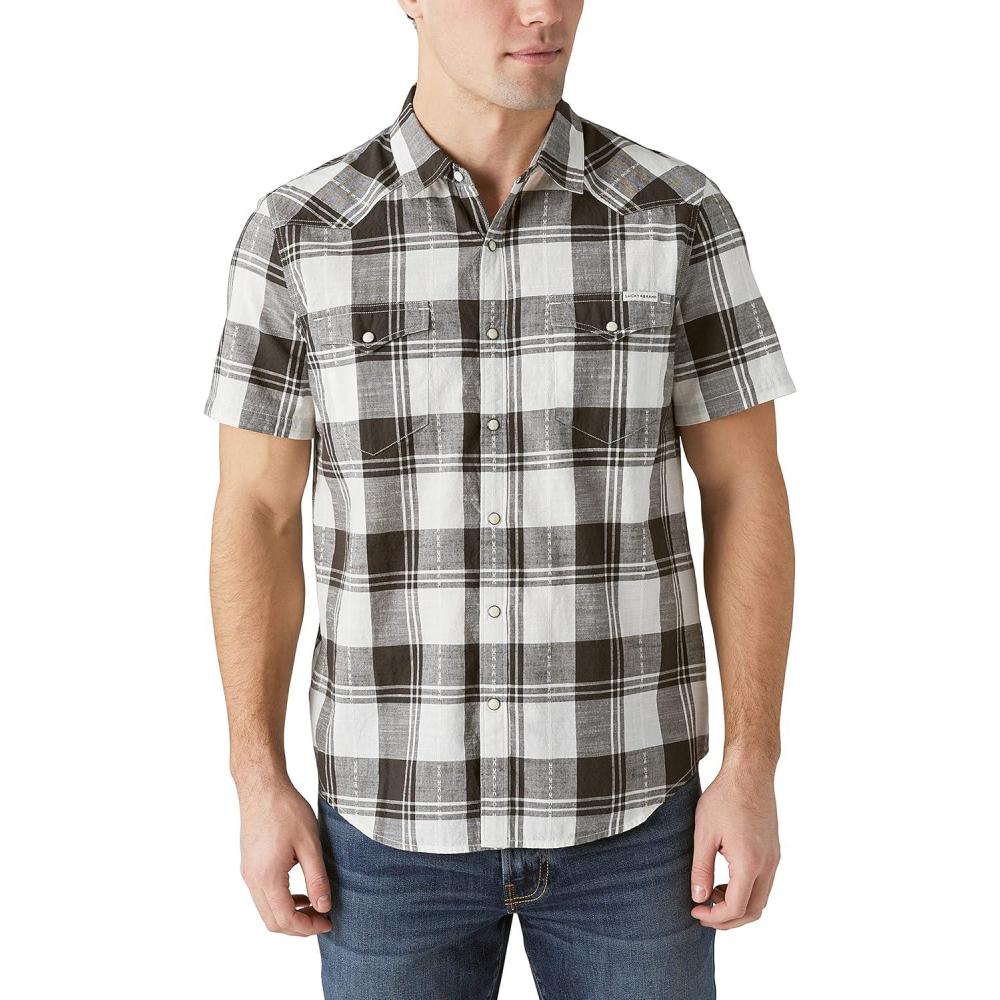 image:imageLucky Brand Mens Short Sleeve Plaid Dobby Western ShirtBlackWhite