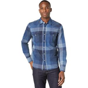 Lucky Brand Men’s Indigo Plaid Western Long Sleeve Shirt(Indigo Multi)