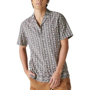 Lucky Brand Men’s Short Sleeve Border Print Camp Collar Shirt(Black Stripe)