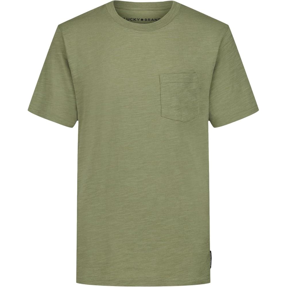 image:imageLucky Brand Boys Short Sleeve Slub Pocket Crew Neck TShirt Soft Comfortable Relaxed FitOil Green Heather