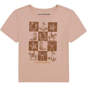 Lucky Brand Girl’s Short Sleeve Graphic T-Shirt, Tagless Cotton Tee with Fun Designs(Checkered Peach Whip)