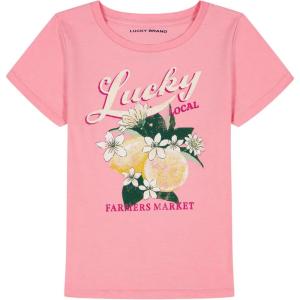 Lucky Brand Girl’s Short Sleeve Graphic T-Shirt, Tagless Cotton Tee with Fun Designs(Peony Local Lemons)