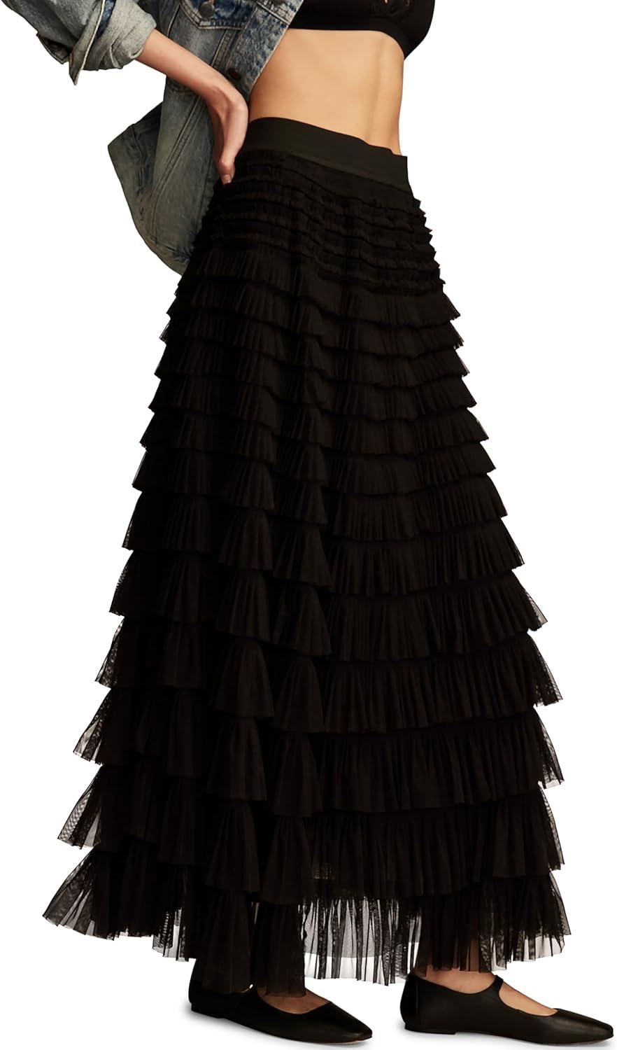 image:imageLucky Brand Womens Tulle Ruffle Maxi SkirtCaviar