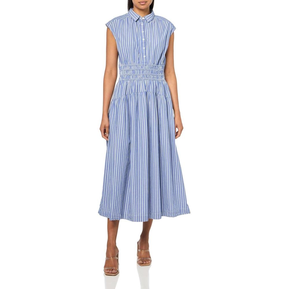 image:imageLucky Brand Womens Smocked Dropped Waist Midi DressBlue Stripe