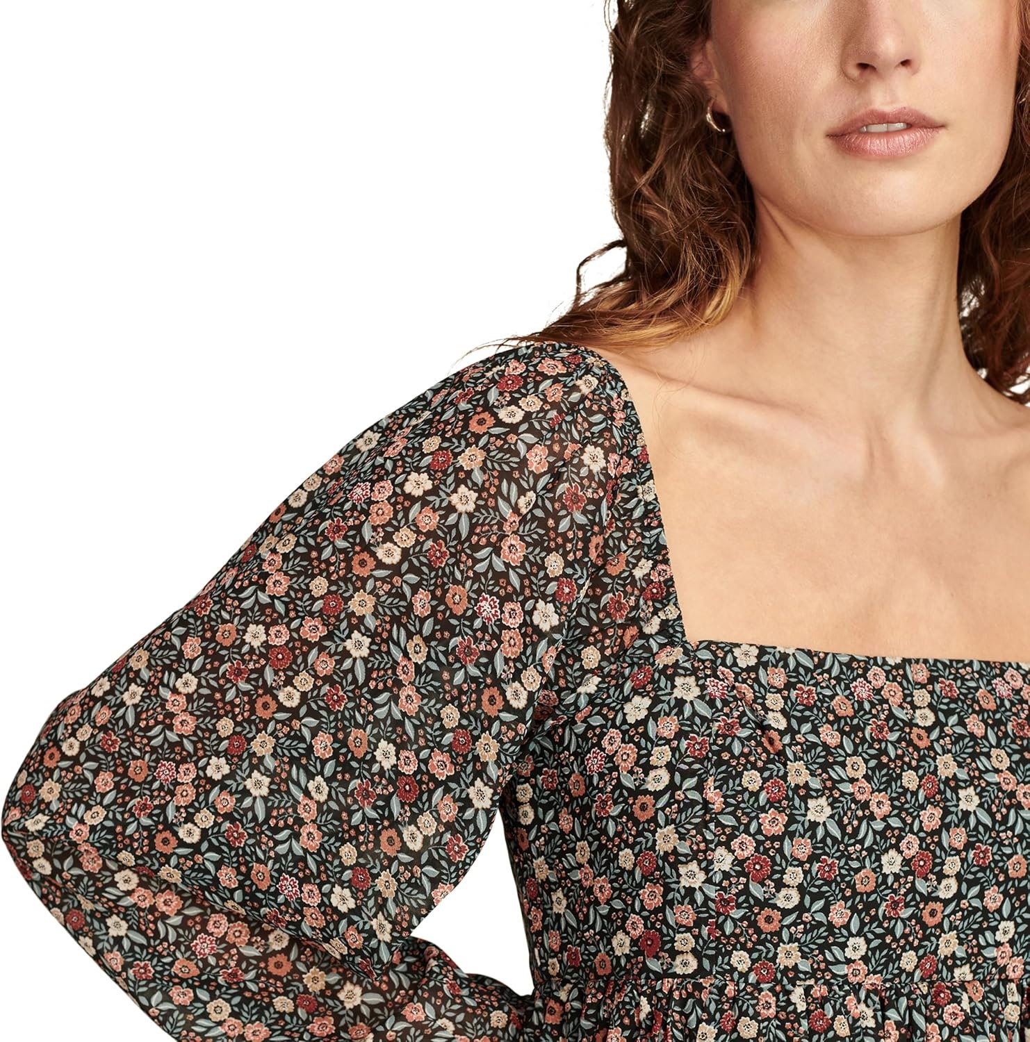 image:imageLucky Brand Womens Printed Square Neck Long Sleeve MiniRed Floral