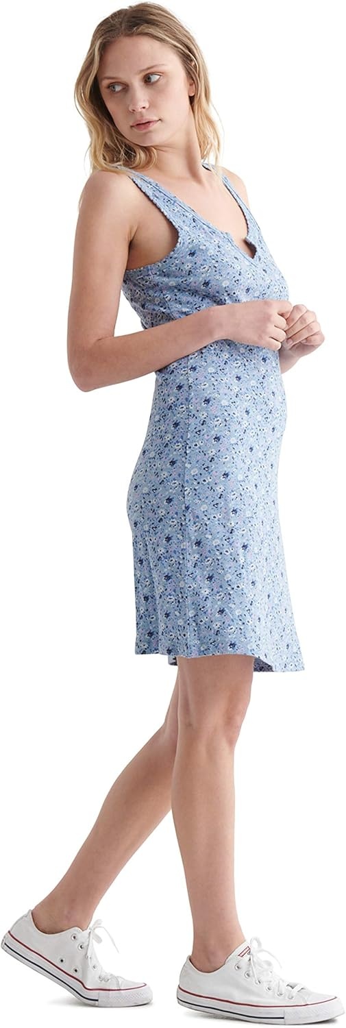 image:imageLucky Brand Womens Sleeveless Scallop Notch Neck Midi DressBlue Multi