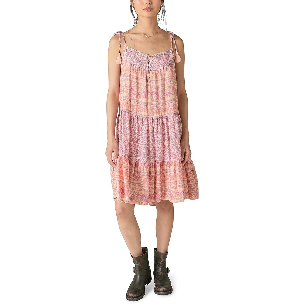 image:imageLucky Brand Womens Mixed Print Tie Sleeve Tiered DressPeach Multi